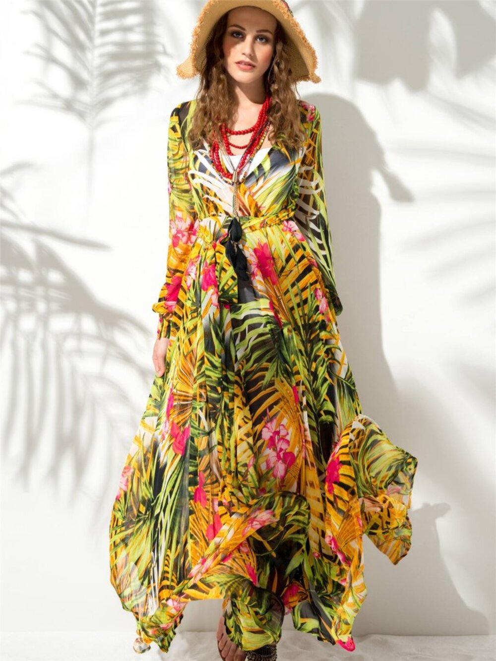 CLOCOLOR LANTERN SLEEVE V NECK TIE LEAF PRINT SWING MAXI DRESS SIZE XL